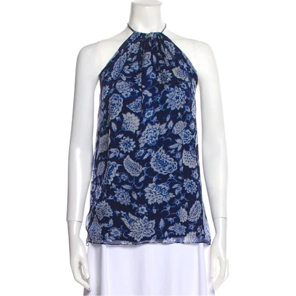 NWT Alice + Olivia Blue White Paisley Floral Silk Halter Y2K Top Blouse Medium - Picture 1 of 16